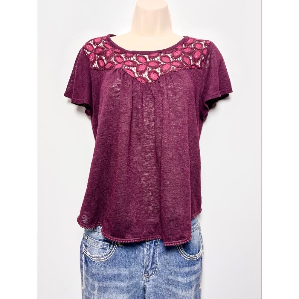 Burgundy Flowy Burnout Semisheer Top Crochet Panels Short Sleeve Peasant Blouse